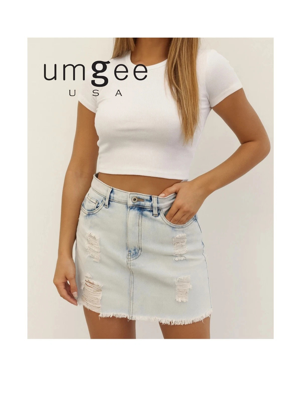 1010-Umgee Distressed Denim Mini Skirt Light Wash Frayed Hem Size -NWT